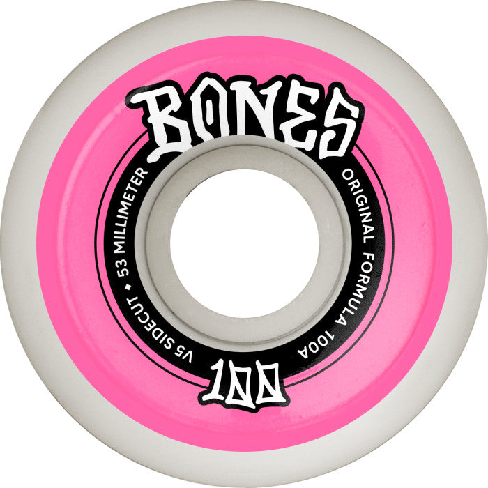 Bones 100's OG Formula 53mm 100a V5 White/Pink Skateboard Wheels