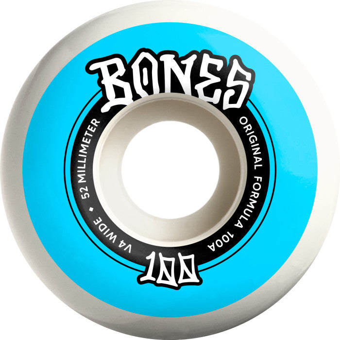 Bones 100's OG Formula 52mm 100a V4 Widecut White/Blue Skateboard Wheels