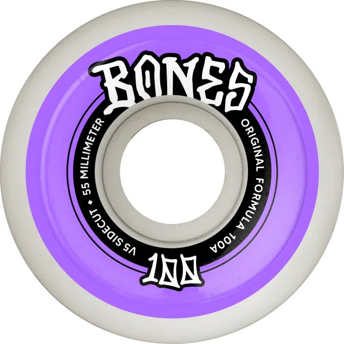 Bones 100's OG Formula 55mm 100a V5 White/Purple Skateboard Wheels