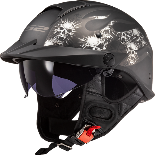 LS2 Rebellion Bones Half Motorcycle Helmet W/  SunShield Matte Black