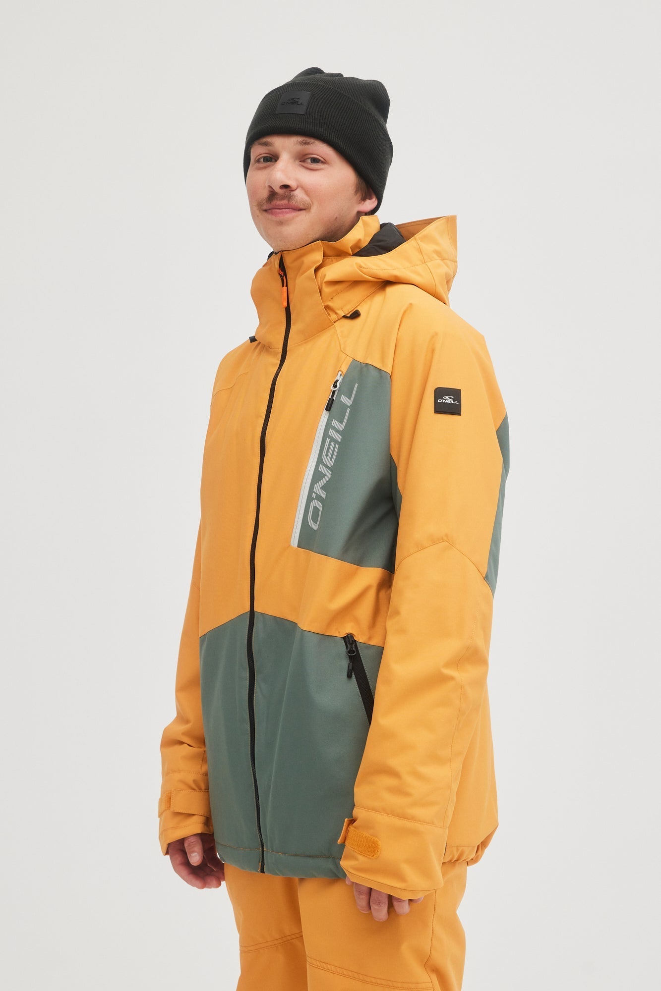 oneill mens mans guys jigsaw 10,000mm waterproof ski snowboard jacket nugget gold green color block front