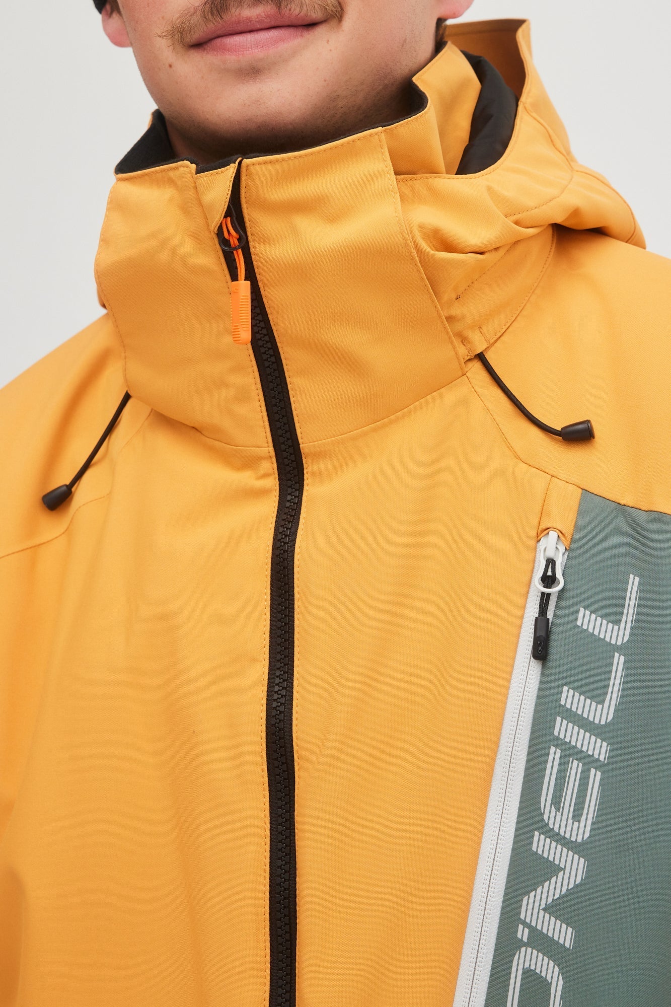 oneill mens mans guys jigsaw 10,000mm waterproof ski snowboard jacket nugget gold green color block top collar