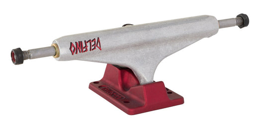 Independent Stage XI Hollow Delfino Silver/Red Standard Skateboard Trucks Front Angle Delfino Logo