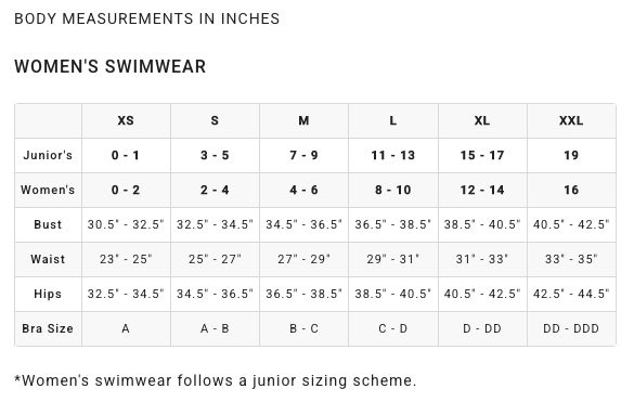 Billaong Women's Swimwear Size Chart