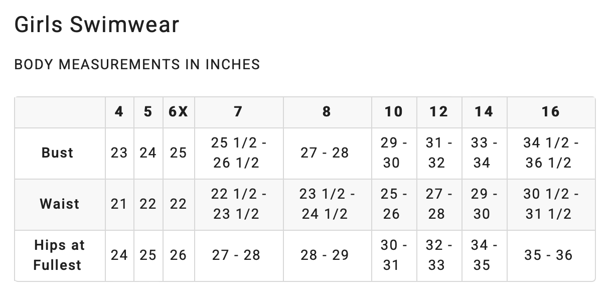 Billabong Girls Swimwear Size Chart