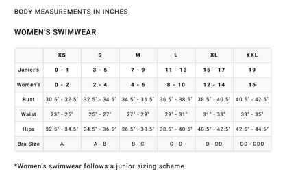 Billabong women's swimwear size chart
