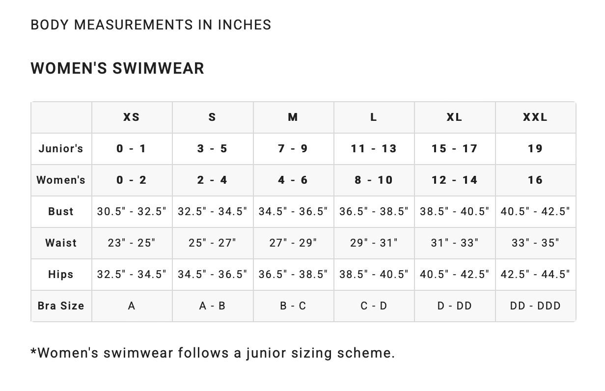 Billabong Womens Swimwear Size Chart