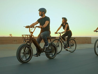 Himiway Escape Pro 750 Watt Full Suspension Moped Style Tote Goat Electric Ebike riding with group