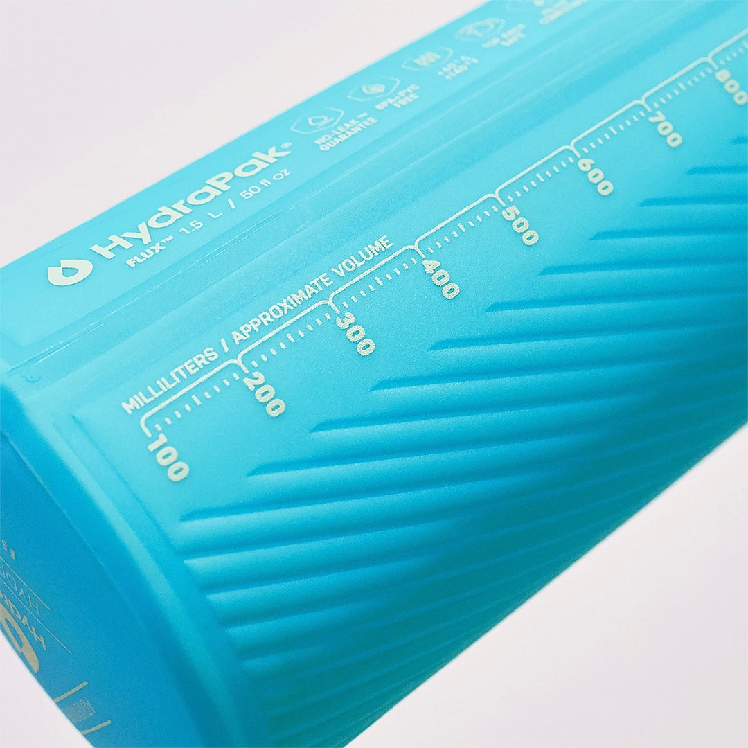Hydrapak Flux 1.5 Liter Collapsible Water Bottle Blue Bottom Volume Markers