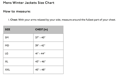 oneill mens winter coat size chart