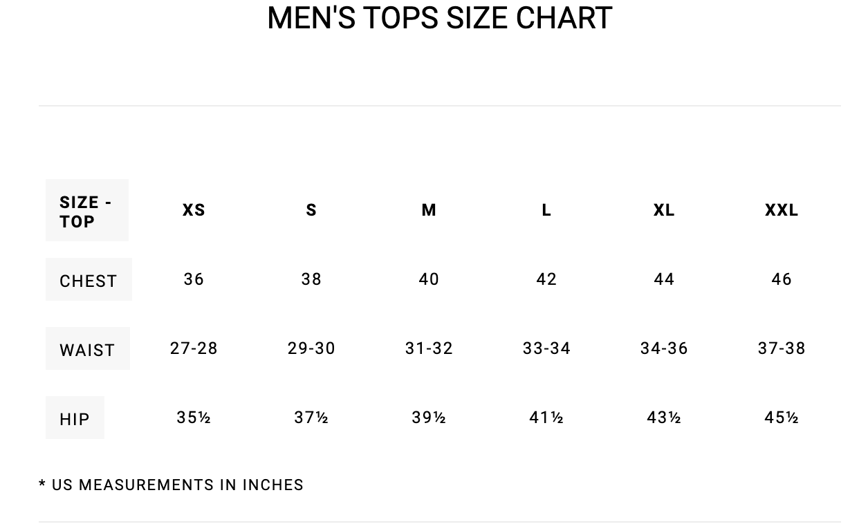 RVCA Mens Tops Shirst Size Chart
