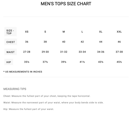 RVCA Mens Tops Size Chart