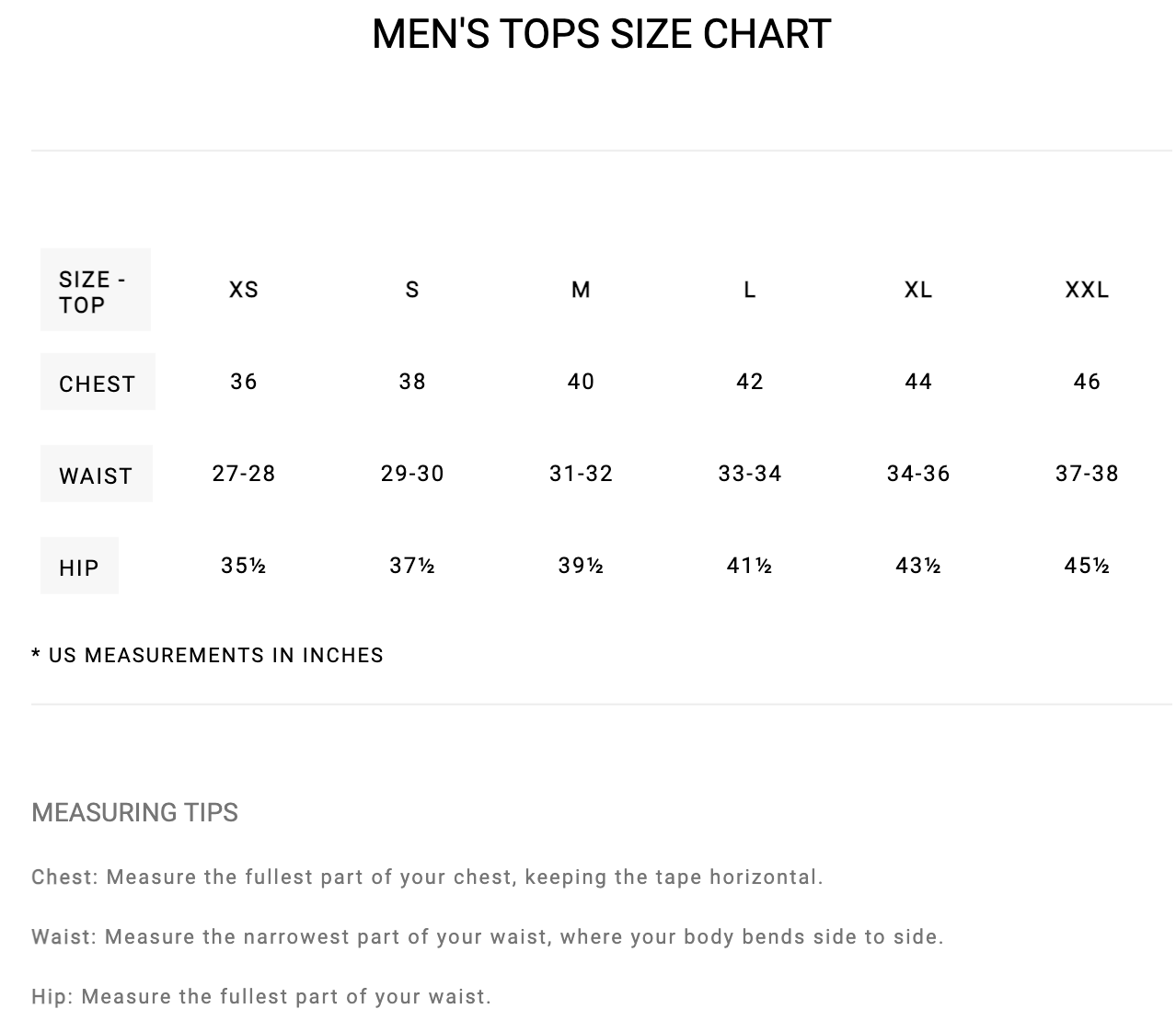 RVCA Mens Tops Size Chart