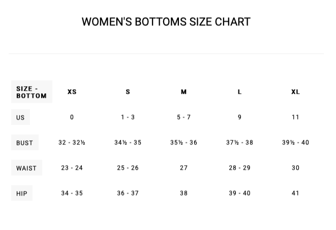 RVCA Women's Bottoms Size Chart