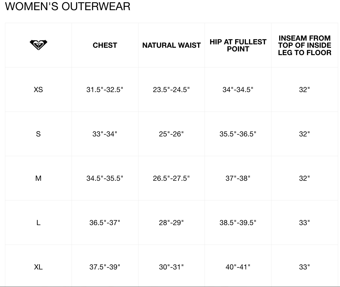 Roxy Womens Outerwear Size Chart