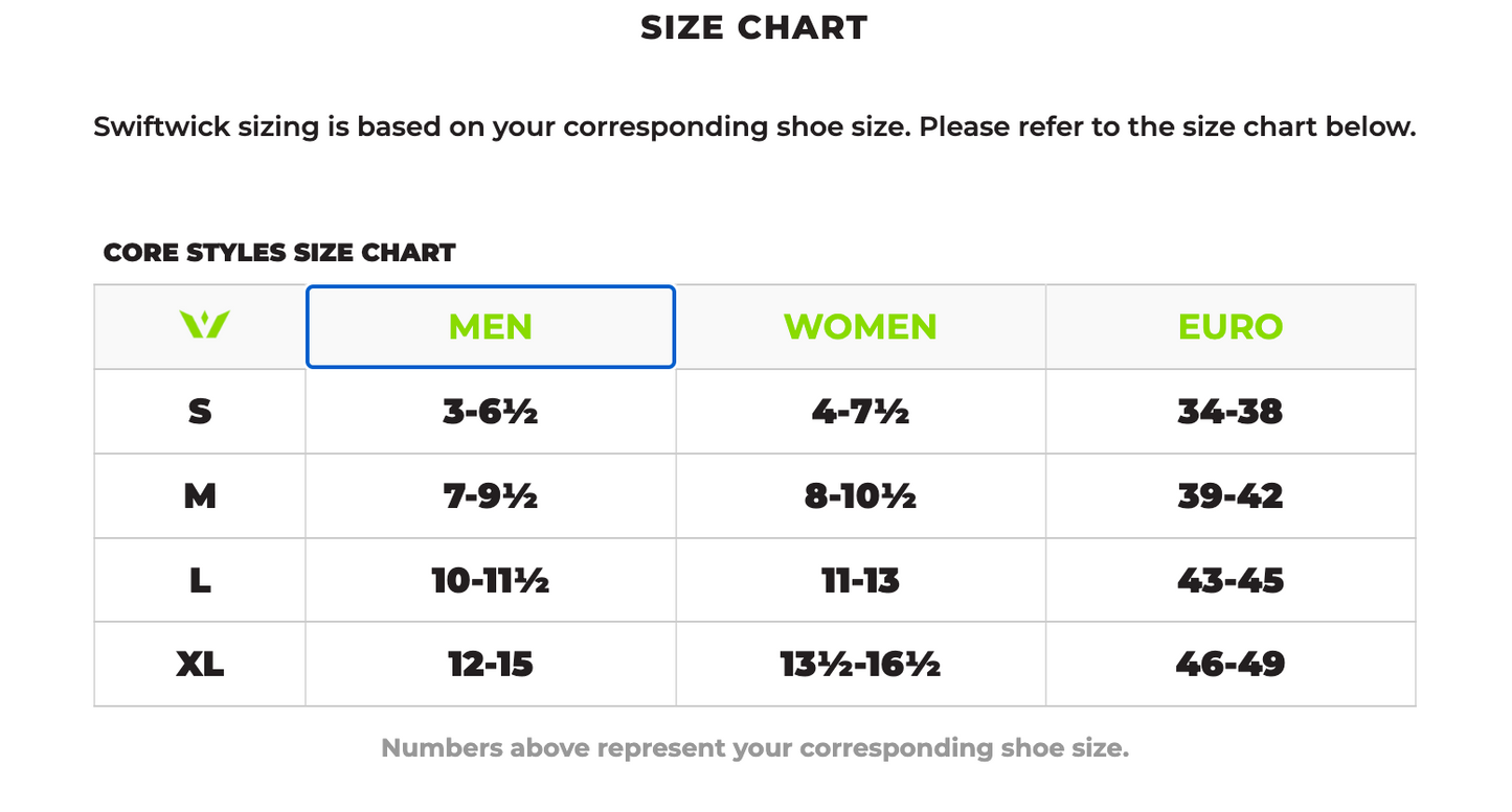 Swiftwick Sock Size Guide