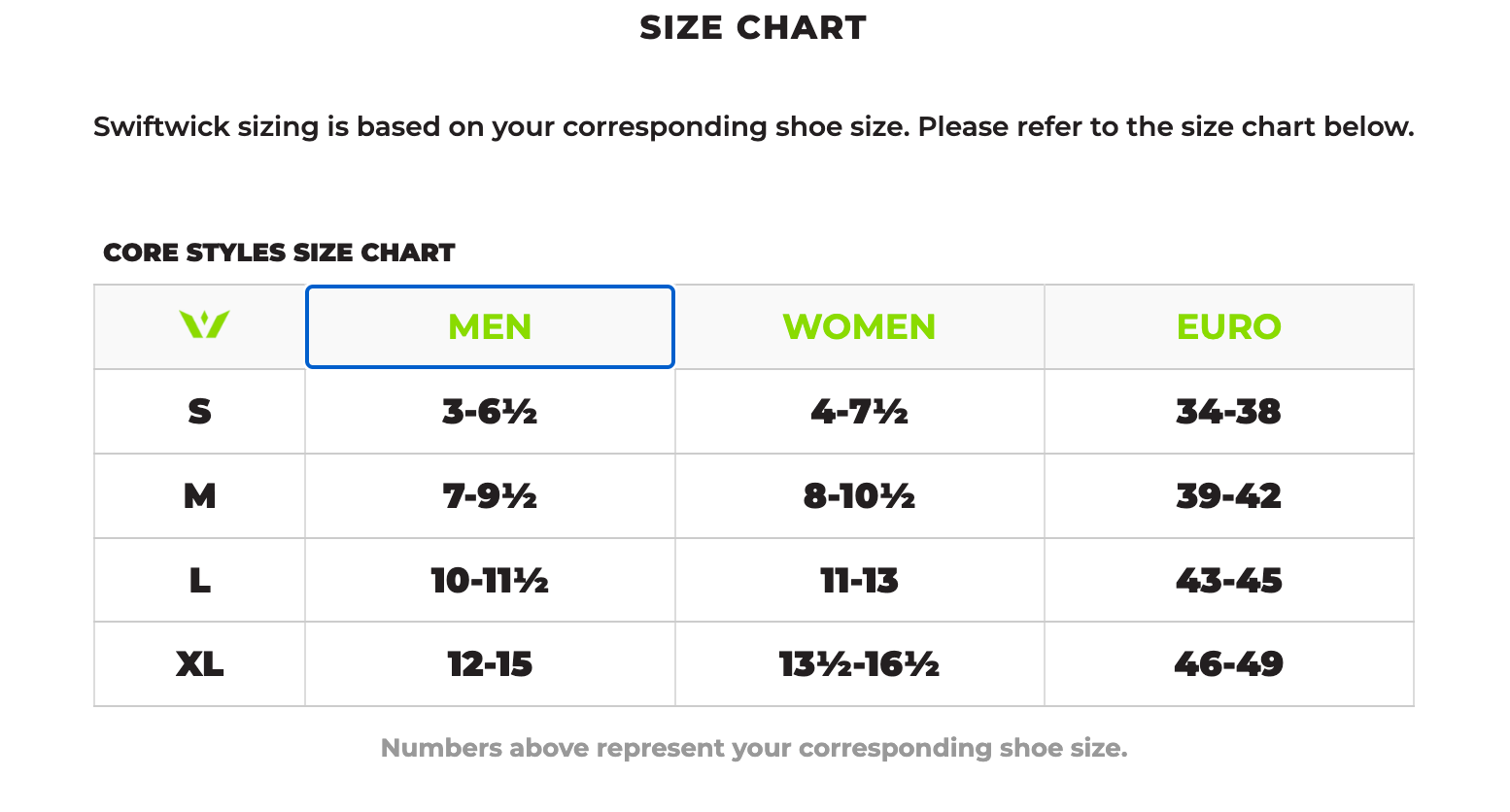 Swiftwick Sock Size Guide