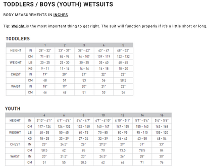 Billabong Youth Boys Westsuits Size Chart