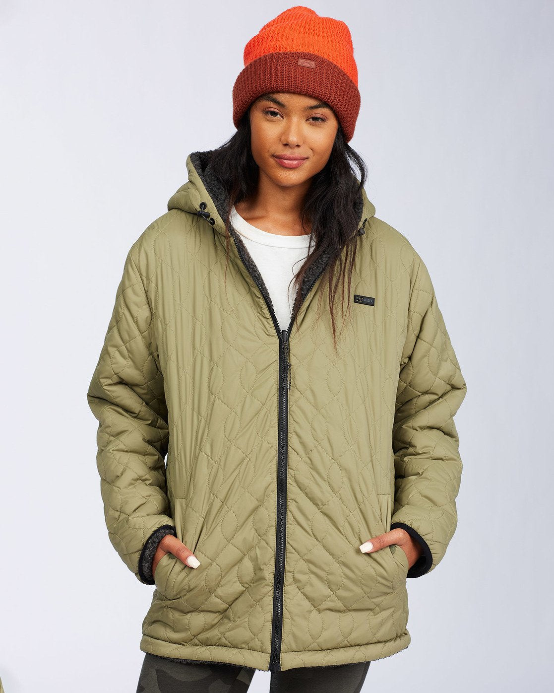 Billabong Women's Alpine Reversible Jacket Army Green Quilted Front