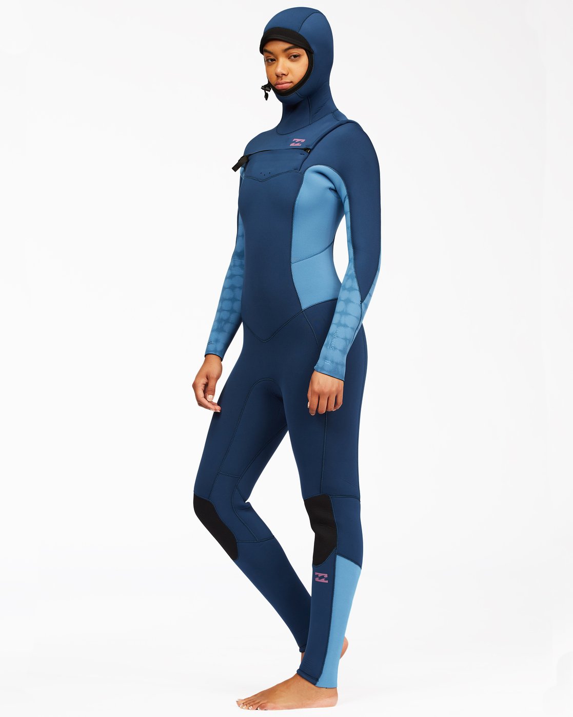Billabong Women's Ladies Womans 5/4mm Synergy Hooded Chest Zip Long Sleeve Full Wetsuit River Blue Front Left Side