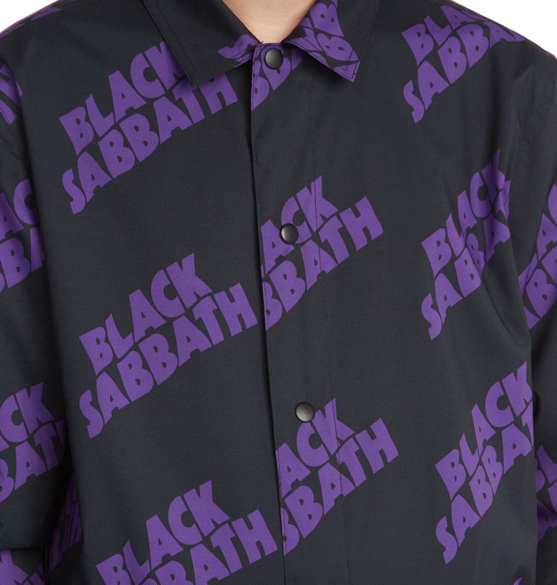 DC Shoes x Black Sabbath Men's Shell Coaches Windbreaker Rain Jacket Black Purple Button Closeup