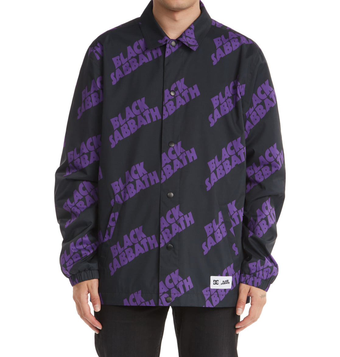 DC Shoes x Black Sabbath Men's Shell Coaches Windbreaker Rain Jacket Black Purple Front Model