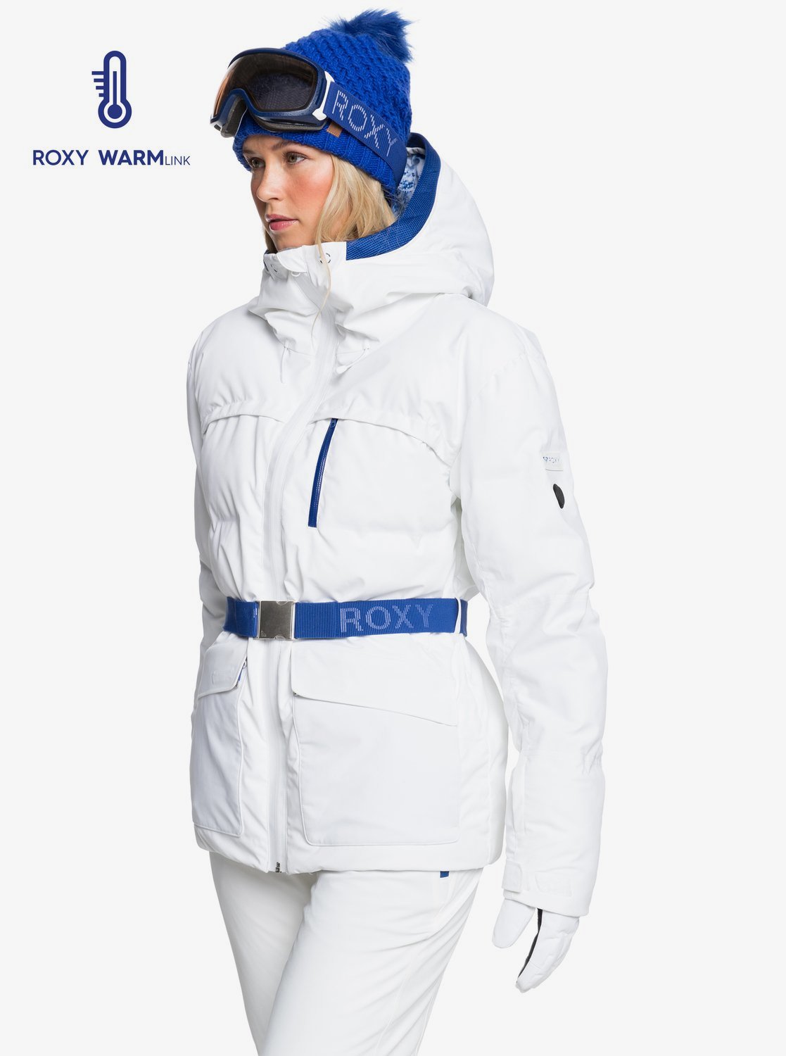Roxy Women's Premire Snow Jacket White Modeled Angled Side View