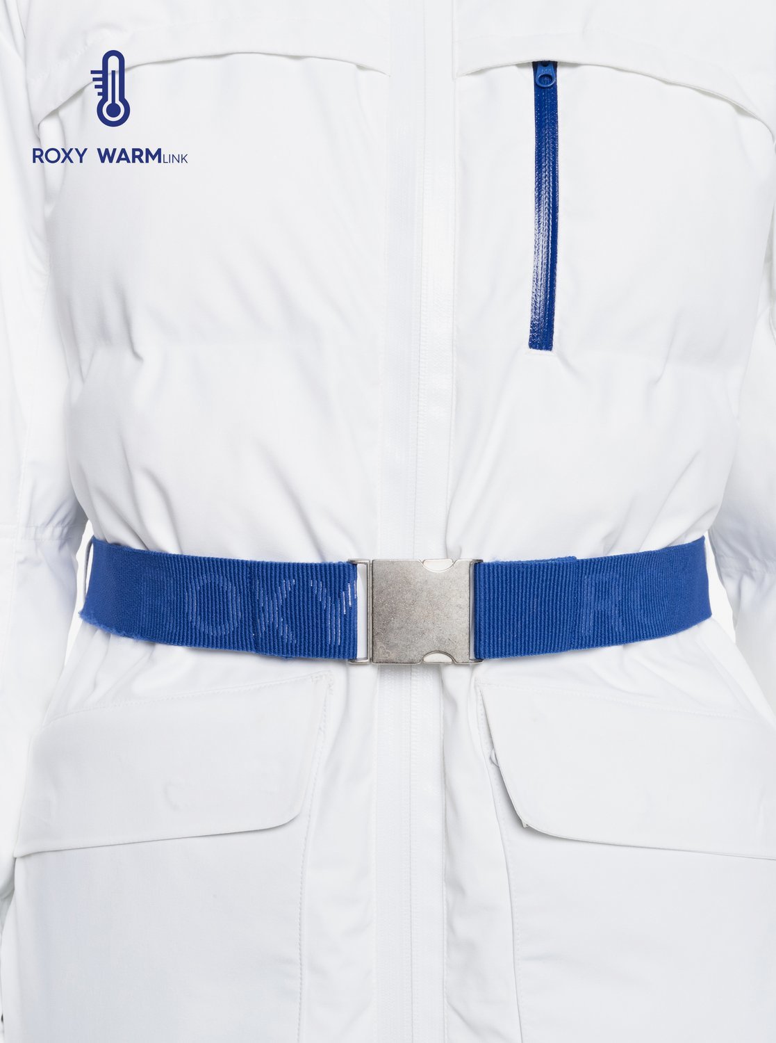 Roxy Women's Premiere Snow Jacket White Waist Front Close Up View