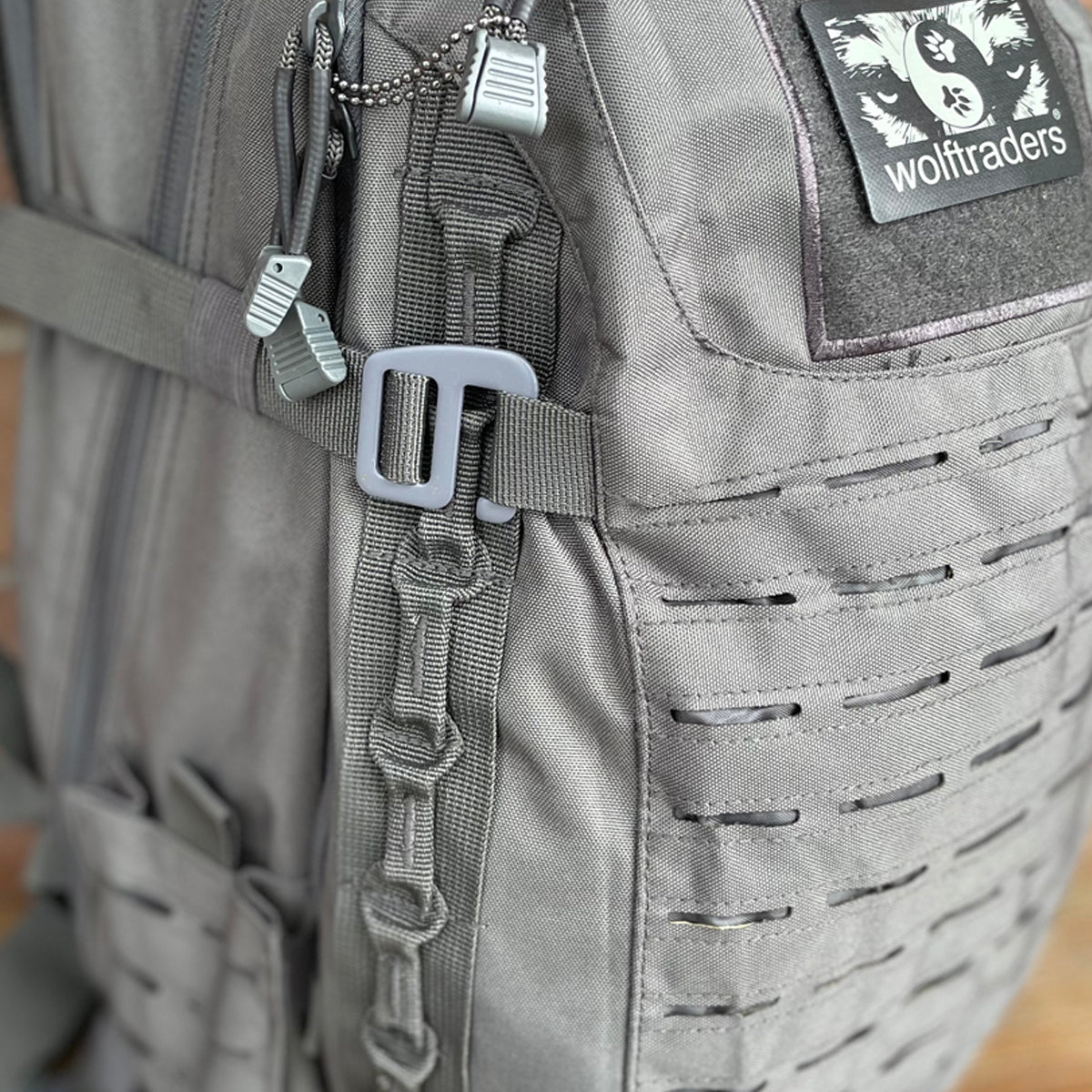 Wolftraders Wolf Mission Tactical Laser cut hydration compatible backpack Grey Zoom Straps