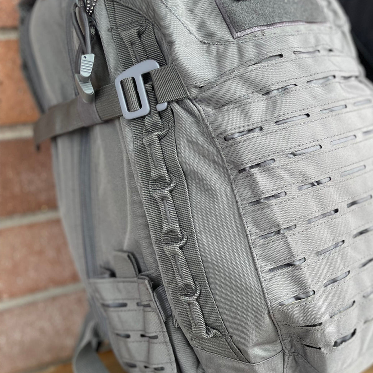 Wolftraders wolfMission Gray laser cut tactical backpack zoom detail molle