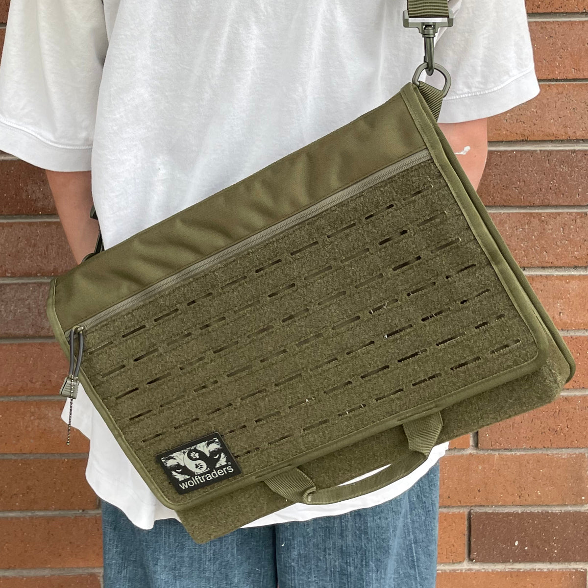 Wolftraders wolfSling Lasercut Molle Sling Laptop Messenger Bag OD Green Velcro Molle Model